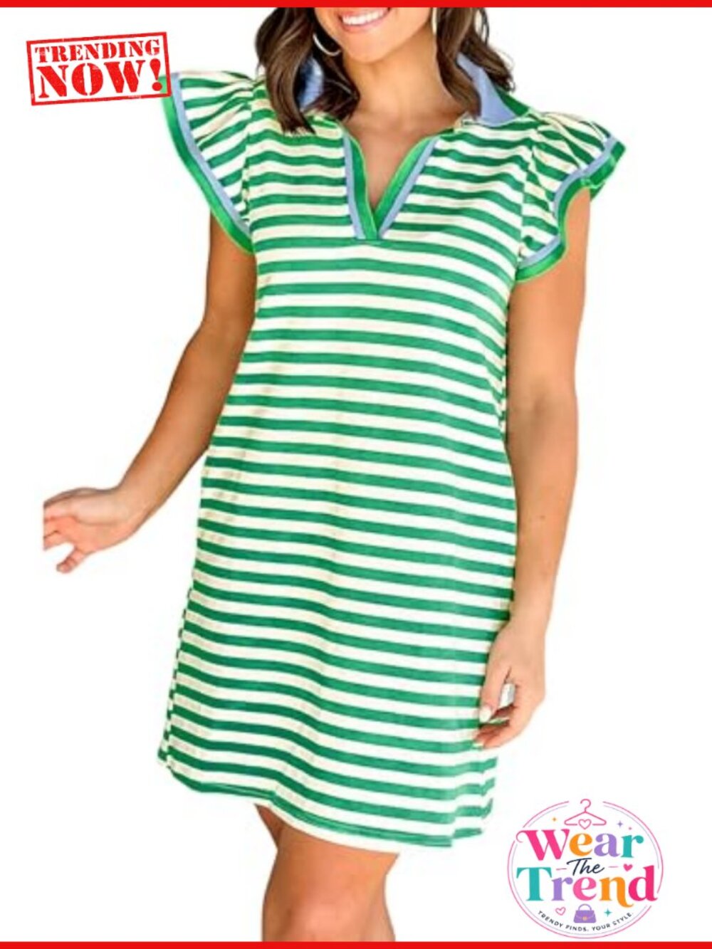 SELINK Women's Striped Mini Dress V-Neck Flutter Sleeve A-Line Casual Summer